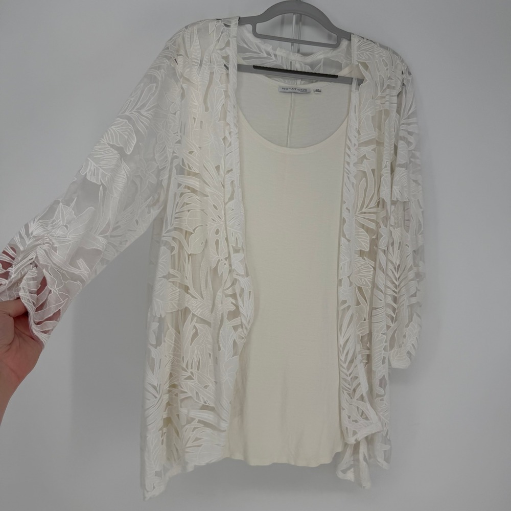 Notations Woman Cardigan Tank Set Womens 2X Cream Floral Lace Coastal Boho Vacay